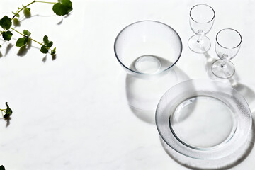 Modern Glassware Setting with Greenery on White Marble