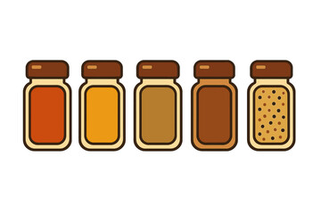 Assortment of five spice jars with distinct colors and textures, perfect for culinary themes and kitchen designs