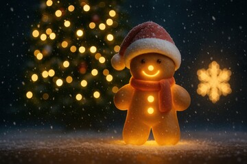 Welcome happy Christmas home. A cheerful gingerbread man in a snowy scene, adorned with a hat and scarf beside a glowing Christmas tree.