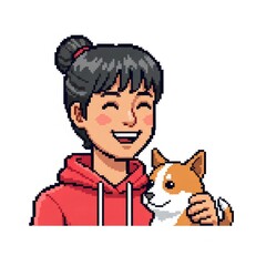 赤いパーカーを着た女性とオレンジ色の犬のピクセルアート