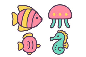 Charming cartoon marine life featuring a variety of underwater creatures and ocean inhabitants in vibrant colors