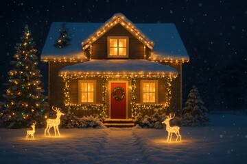 Welcome happy Christmas home. A cozy, illuminated house adorned with Christmas decorations in a snowy landscape.
