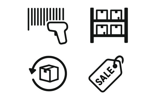 Barcode scanner, warehouse shelf, return package, sale tag icons