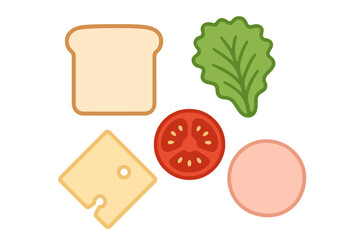 Fresh sandwich ingredients including bread, cheese, tomato, lettuce, and deli meat neatly arranged on a clean white background
