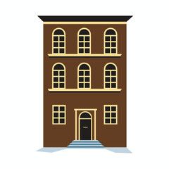 Brown townhouse with arched windows and a front door with steps