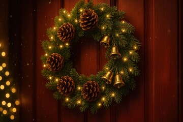 Welcome happy Christmas home. Festive wreath adorned with pinecones and bells, hung on a wooden door, surrounded by twinkling lights.