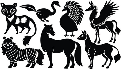 Black vector silhouettes of a set of wild animals including elephant, deer, and horse for illustration design