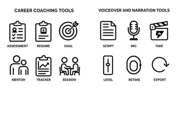 Career coaching and voiceover tool icons: assessment, script, mic, goals, mentoring