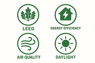 Sustainable design symbols: leed, energy efficiency, air quality, daylight