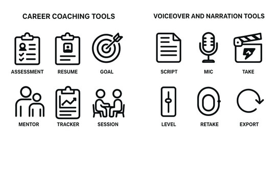 Career coaching and voiceover tool icons: assessment, script, mic, goals, mentoring