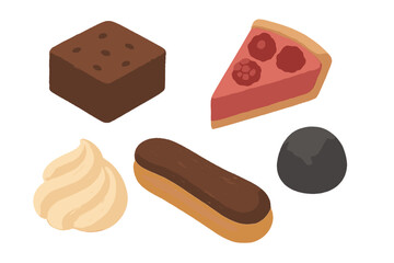 Delicious assortment of classic French pastries, chocolate brownie, raspberry tart, and sweet confectionery items