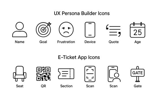 Ux persona builder and e-ticket app icons collection