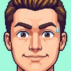 ドット絵の男性の顔 青緑色の背景に冷や汗