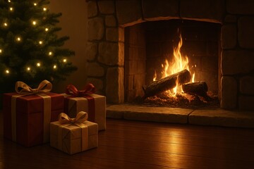 Welcome happy Christmas home. Cozy holiday scene with a fireplace, gifts, and a decorated Christmas tree.
