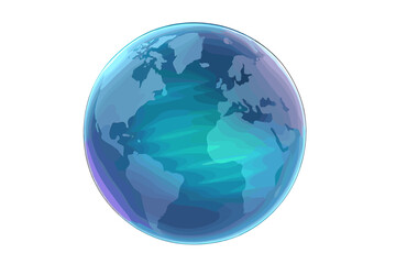 Modern stylized transparent globe showing world map continents with abstract blue green glowing light streaks and purple accents