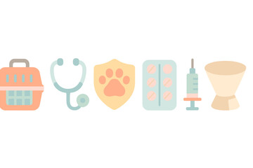 Veterinary pet care essentials collection featuring medical equipment, animal supplies, health products, and accessories for animal well-being and health services