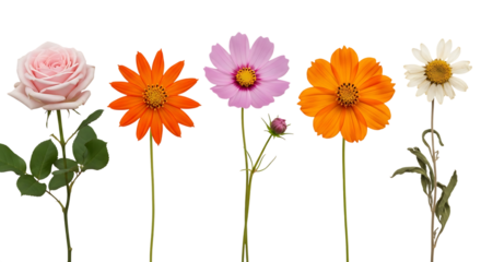 Illustration of collection of five different flowers on stems, isolated on transparent background