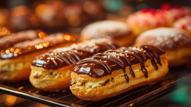 Chocolate eclairs on bakery display tray - Powered by Adobe