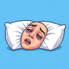 青い背景に白い枕の上にある疲れた顔のピクセルアート