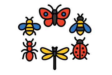 Vibrant collection of flying and crawling insects including butterfly, bee, ant, dragonfly, and ladybug