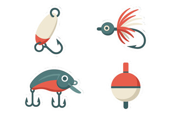 Diverse collection of fishing tackle equipment featuring various lures, a fishing fly, and a traditional bobber for recreational angling activities