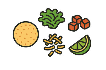Stylized fresh food ingredients for Mexican dishes including tortilla, lettuce, tomato, cheese, and lime, ready for cooking