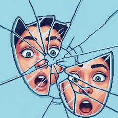 青い背景に割れた鏡の女性の驚いた顔のピクセルアート