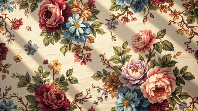 Fototapeta Floral Tapestry: A vibrant display of colorful blossoms and lush greenery blooms across a patterned textile, creating a tapestry of natural elegance and timeless beauty.
