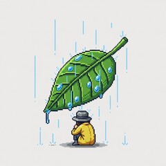 雨の中緑の葉の下で雨宿りする黄色いコートのピクセルアート