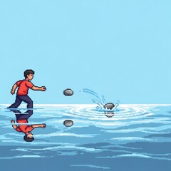 水面で石を投げる少年 ピクセルアートスタイル