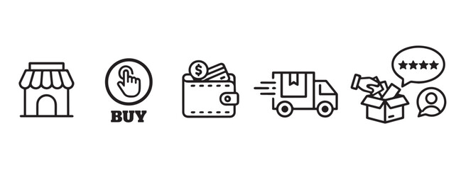 E-commerce Process Line Icons Showing Online Shopping and Delivery Flow
