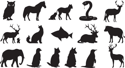 The black vector collection of wild animal silhouettes includes a set of bird, dog, cat, bear, horse, and rabbit illustrations