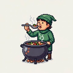 緑の服を着た少年がスープを味わうピクセルアート