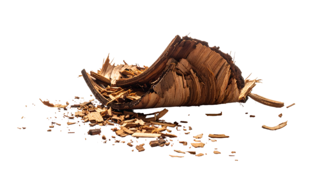 Decaying palm leaves, brown, texture, isolated on black. Close up