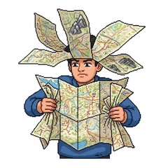 男性は地図で覆われ、背景は白でピクセルアートです