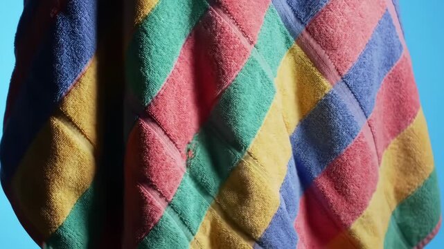 Close-up of a colorful quilted fabric with a diamond argyle pattern in blue, green, pink, and yellow.