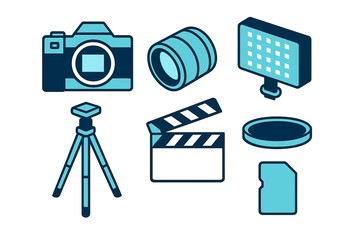 Photography and videography equipment icons including camera, lens, tripod, light, clapperboard, filter, and memory card