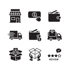 E-commerce Process Line Icons Showing Online Shopping and Delivery Flow