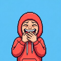 赤いパーカーを着た女性のピクセルアートが青い背景に大笑い