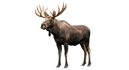 Isolated Canadian moose with large antlers, standing facing left, side view, full shot