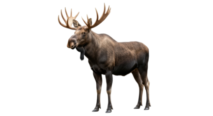 Isolated Canadian moose with large antlers, standing facing left, side view, full shot