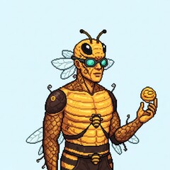 ミツバチ人間 ピクセルアート 黄色 オレンジ 青色の背景