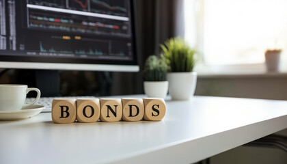 Wooden cubes with text BONDS on modern white desk, coffee cup, green plant and blurred monitor with stock chart in background. Investment and trading theme