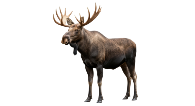 Isolated Canadian moose with large antlers, standing facing left, side view, full shot