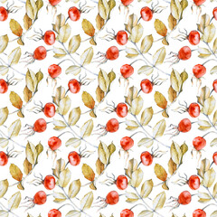 Watercolor seamless pattern with dry autumn leaves and rosehip fruits. Botanical illustration on a white background. Seamless background with yellow leaves and red berries for wallpaper, textiles