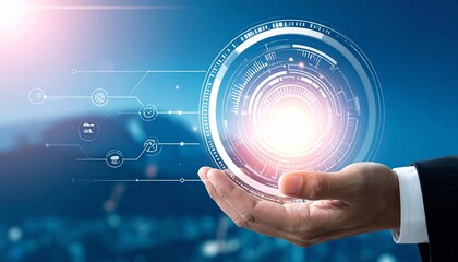 A glowing globe and data nodes hover above a laptop, symbolizing global digital connectivity.