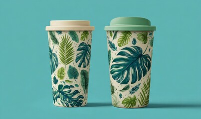 Stylish Beverage Cups with Tropical Leaf Patterns on Blue Background