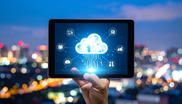 A tablet projects a glowing cloud cityscape above a nighttime skyline, symbolizing smart urban tech.