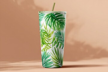 Tropical Leaf Pattern Beverage Container with Straw on a Soft Background