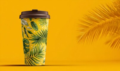 Tropical Leaf Pattern Coffee Cup on Vibrant Yellow Background